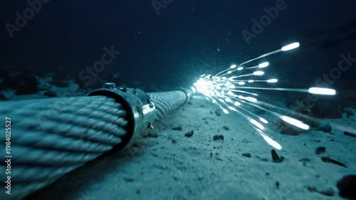 Close up of glowing underwater fiber optic cables transmitting light on the ocean floor 4k video