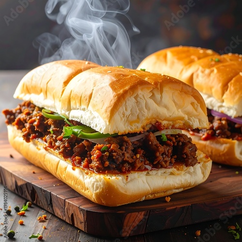A sandwich with meat and vegetables on a wooden board