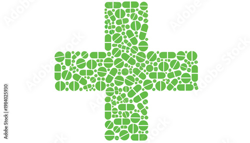 Green Cross, Mosaic Icon, Medical Symbol, Health Sign isolated on White Background