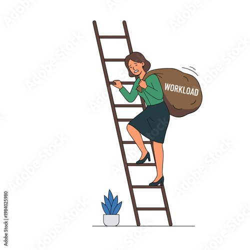 Woman climbing ladder carrying heavy workload with determination and effort