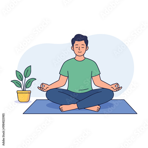 Man meditates on mat beside potted plant indoors calmly