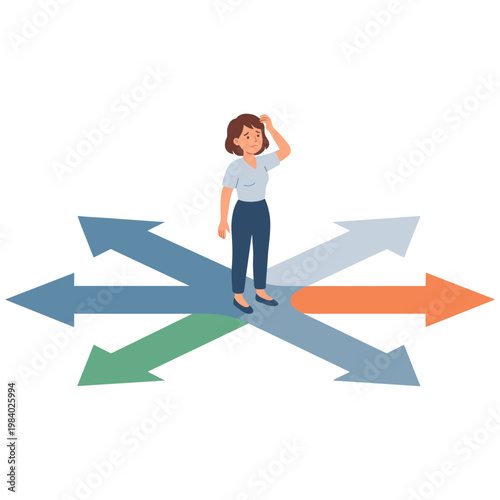 A woman stands on multiple arrows, looking confused at the crossroads.
