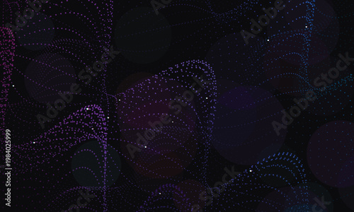 Swirling nebula of purple and blue glowing dots on black field abstract background digital