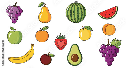 Assorted fresh fruits including grapes, pear, watermelon, apple, banana, and strawberry for healthy food and nutrition.