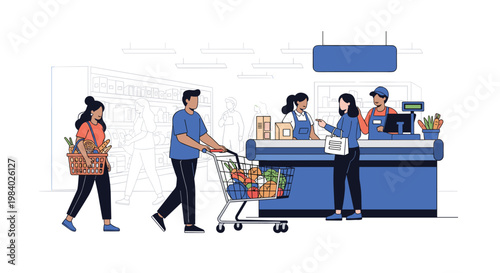Diverse customers shop at a busy supermarket with cashiers scanning items at the checkout counters in a flat vector style.