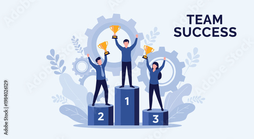 Business team celebrating victory and success on a winners podium holding gold trophies with gear icons background.