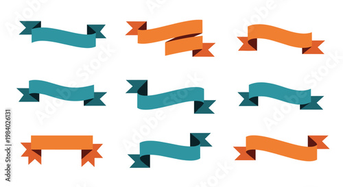 Collection of colorful banner ribbons in teal and orange hues designed for web elements, certificates, or celebratory decorative titles.