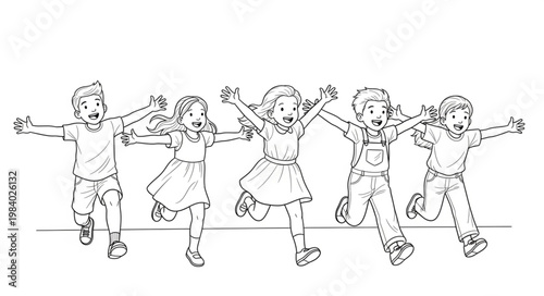 Joyful children jumping and celebrating together in a line, happiness concept.