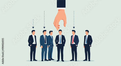 Large hand chooses a professional candidate from a line of businessmen to represent human resources recruitment and hiring processes.
