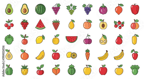 Selection of various fruit and vegetable icons displayed in a grid for healthy nutrition, grocery shopping, and recipe book design.