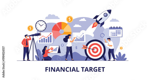 Business team works together to reach financial targets using data charts and a launching rocket symbol for growth and success goals.