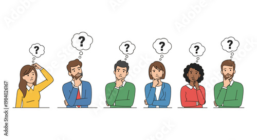 Group of diverse people standing in a row pondering difficult questions represented by thought bubbles with big question marks inside.