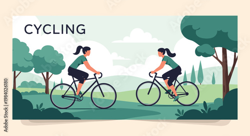 Two women enjoy a healthy lifestyle by cycling through a beautiful green park under a bright sky with the word cycling written above.