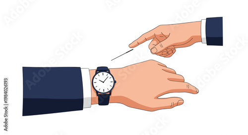 Close up of a human hand pointing at a wristwatch on another person wrist emphasizing the importance of punctuality and deadlines.