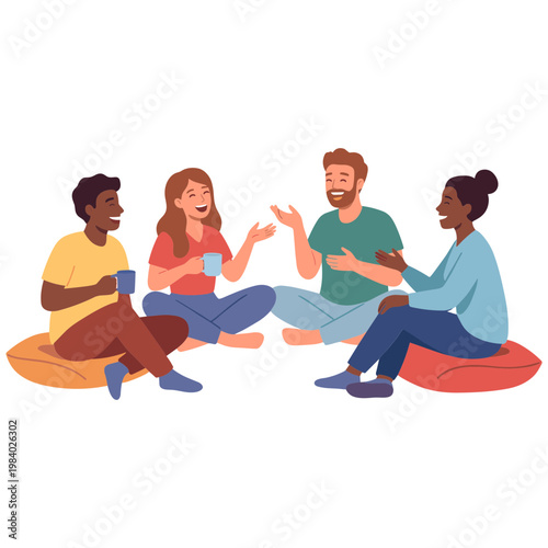 Four diverse people sitting on cushions having a conversation indoors