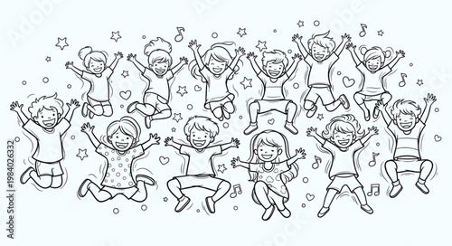 Joyful children jumping and celebrating with musical notes around.