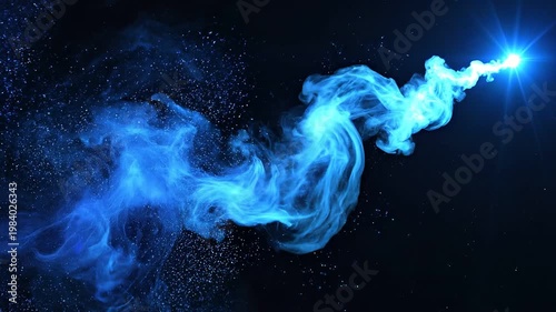 Dynamic blue laser beams cutting through dark space with glowing smoke trails and particles 4k video