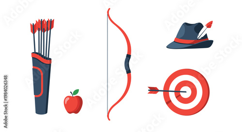 Traditional archery equipment set featuring a wooden recurve bow quiver with arrows an apple for target practice and a red bullseye target.