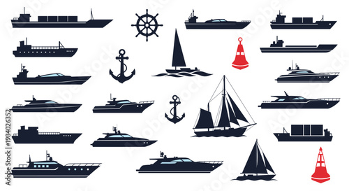 Diverse collection of nautical silhouettes including various ships yachts sailboats anchors steering wheels and buoys for maritime themes.
