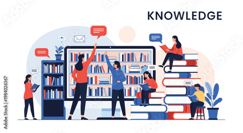 Group of people reading and studying in a large modern digital library with huge bookshelves and stacks of books for educational growth.