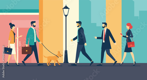 People commuting and walking their dog on a city street with tall colorful buildings street lamp and urban background scenery.