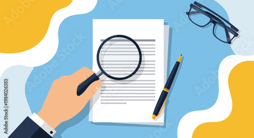 Human hand holding a magnifying glass over a formal document with a pen and glasses nearby suggesting a careful review or legal audit process.