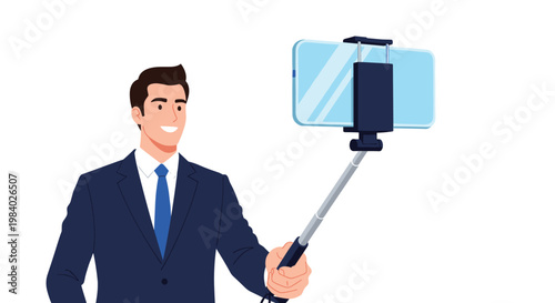 Smiling businessman in a dark blue suit taking a selfie photo using a smartphone mounted on a long selfie stick.