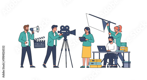 Professional film crew working on a movie set with a director camera operator lighting tech and sound assistant.