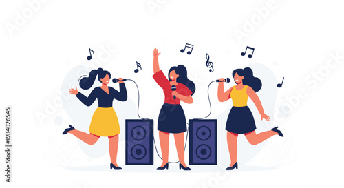 Three women singing into microphones with speakers and musical notes in the background.