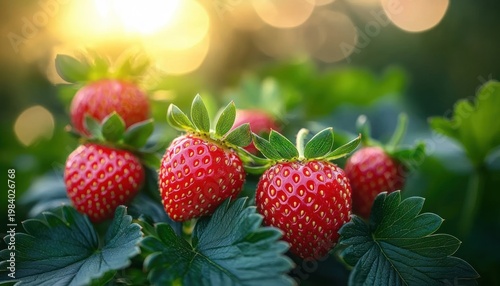 Juicy ripe strawberries clustered on green plants with glossy seeds and sunlit bokeh background, evoking fresh summer sweetness