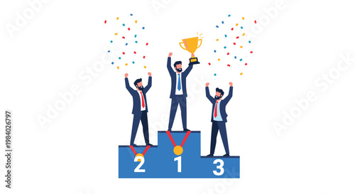 Three winners celebrating their success on a sports podium with first second and third place medals and a trophy.