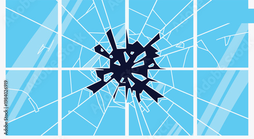 Shattered blue glass pane with a central impact point and radiating cracks representing a broken window or fragile surface.