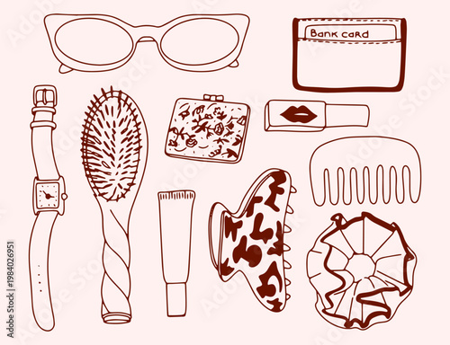 A set of items filling a woman’s handbag drawn in line art style.