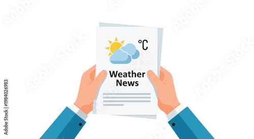 Person in a blue suit holding a newspaper with a weather forecast showing sun and clouds icons for daily news information.