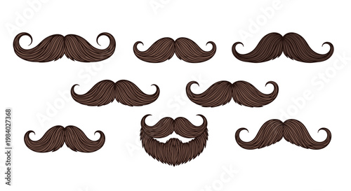 Collection of various brown mustache styles and a beard for male grooming, barber shop, or hipster character design.