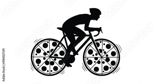 Cyclist silhouette with pizza wheels, symbolizing speed and delicious food.