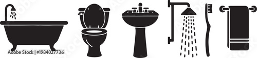 Black Solid Bathroom Essential Silhouettes Set of Six on White Background