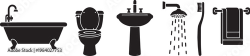 Black Solid Bathroom Essential Silhouettes Set of Six on White Background
