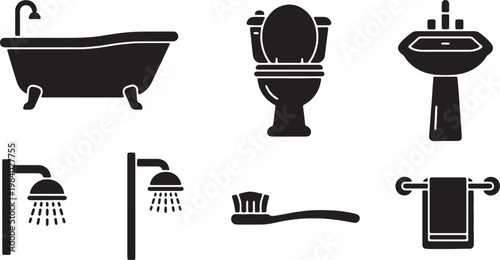 Black Solid Bathroom Essential Silhouettes Set of Six on White Background