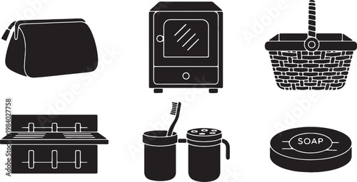 Black Solid Bathroom Storage Silhouettes Set of Six on White Background