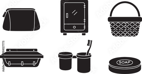 Black Solid Bathroom Storage Silhouettes Set of Six on White Background