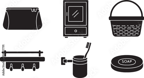 Black Solid Bathroom Storage Silhouettes Set of Six on White Background