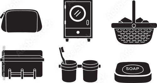 Black Solid Bathroom Storage Silhouettes Set of Six on White Background