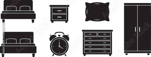 Black Solid Bedroom Furniture Silhouettes Set of Six on White Background