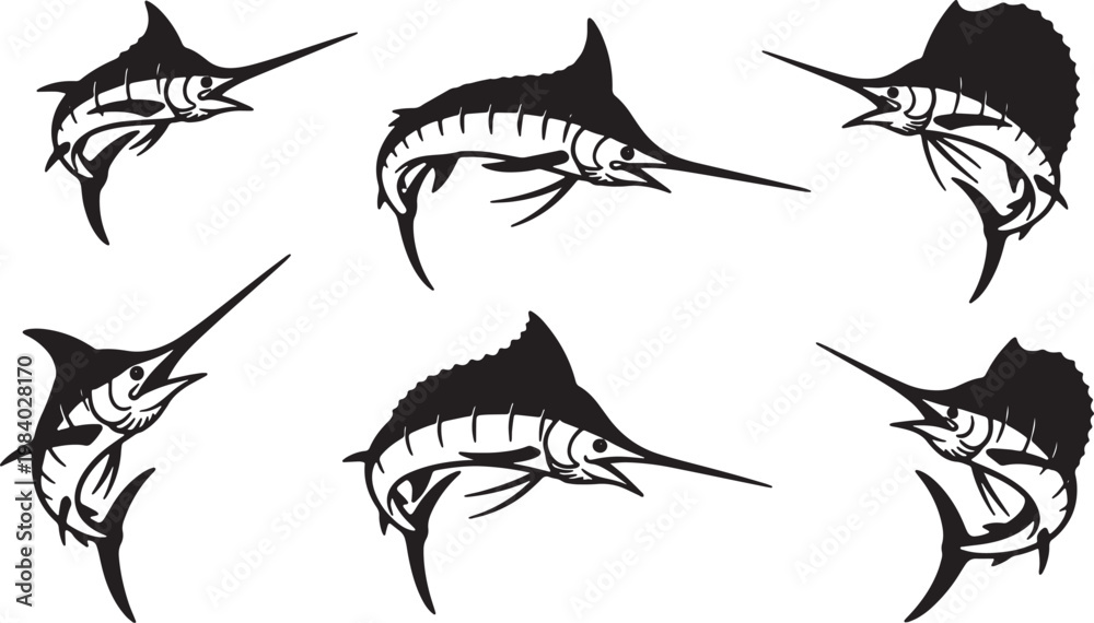 Fototapeta premium Black Solid Swordfish and Marlin Silhouettes Set of Six on White Background