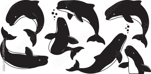 Black Solid Beluga Whale Play Silhouettes Set of Six on White Background