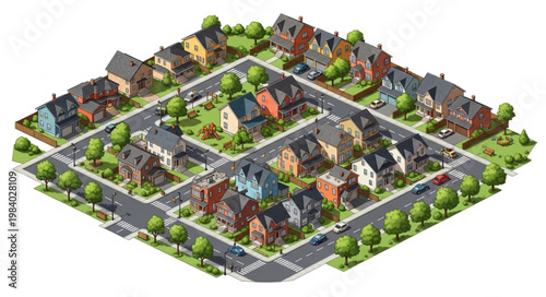 Isometric View of a Suburban Neighborhood with Houses and Streets.