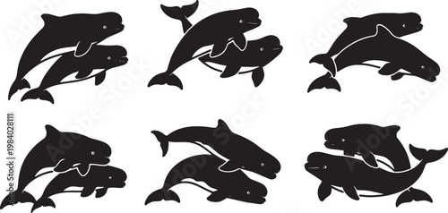 Black Solid Beluga Whale Group Silhouettes Set of Six on White Background
