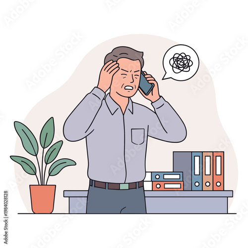 Man talks on phone with stressed expression at office desk