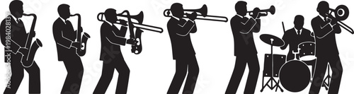 Black Solid Big Band Musicians Silhouettes Set of Six on White Background